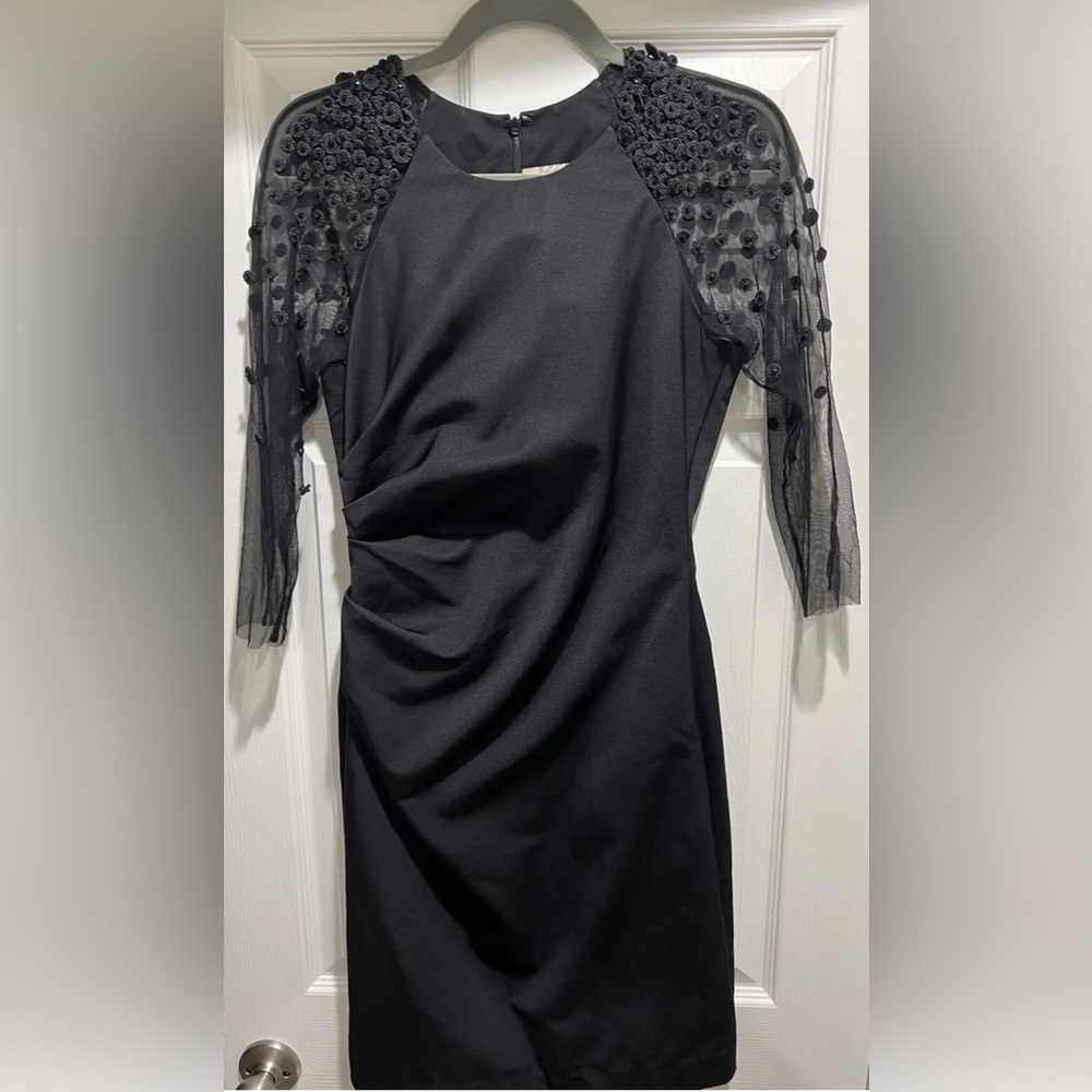 HOT Lela Rose Embellished Beaded Mesh Sleeve Ruched Sheath Black Dress $1695+! - Picture 2 of 12
